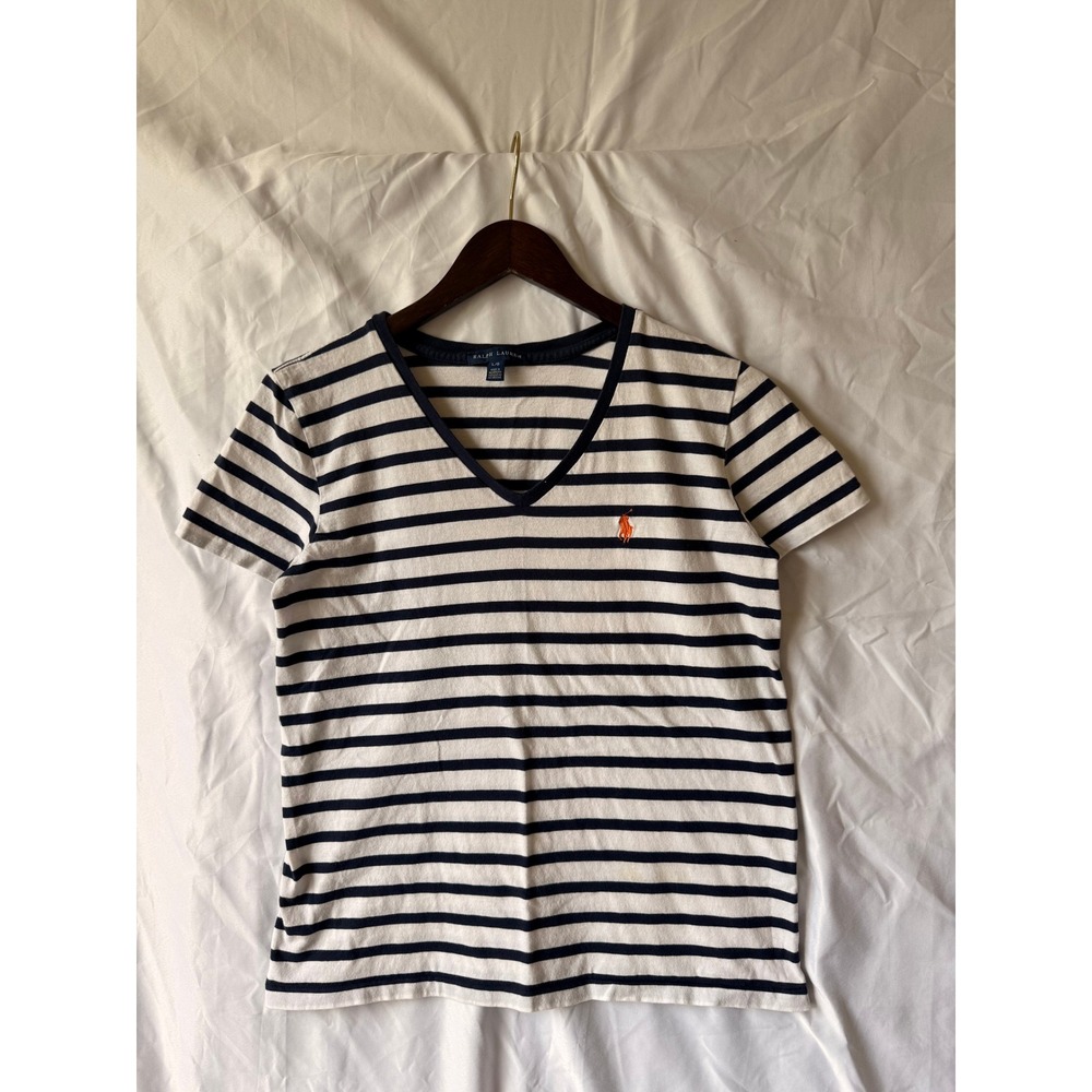 Ralph Lauren Womens Navy White Striped V-Neck T-Shirt Orange Pony Logo Large